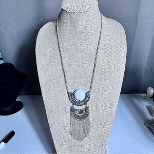 Vintage Elegant Silver Toned Necklace with White Accent Stone & Tassels